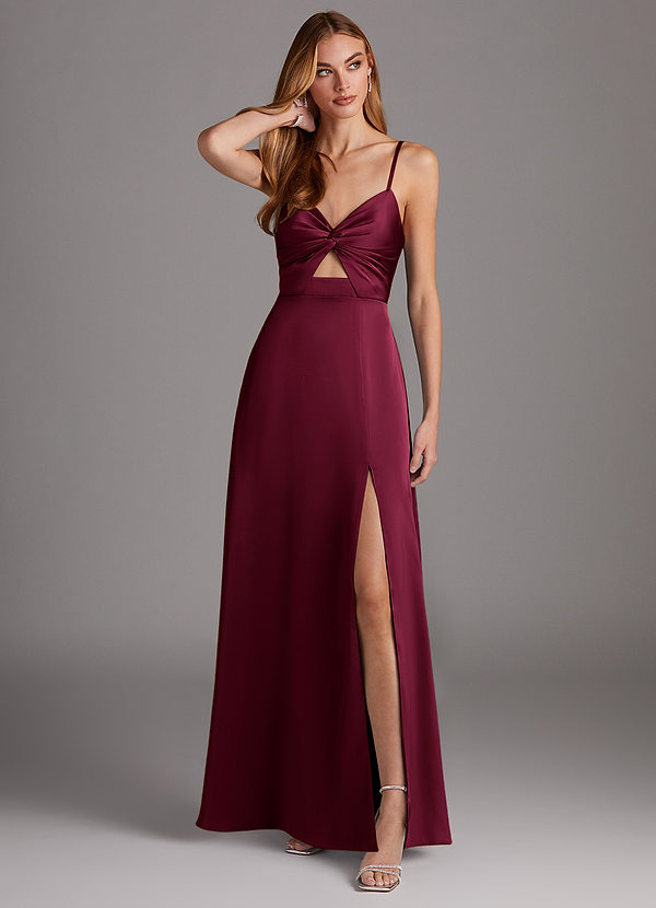 Azazie Jenna Robes de demoiselle d'honneur Robe Trapèze en Satin extensible Plissé Bourgogne image1