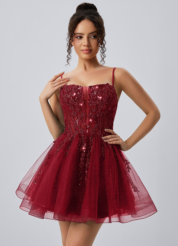 Odette Burgundy Spaghetti Strap Sequin Tulle Lace-Up Skater Mini Dress image1