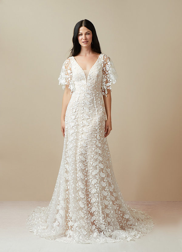 Azazie Callista Wedding Dresses A-Line V-Neck Lace Chapel Train Dress image1