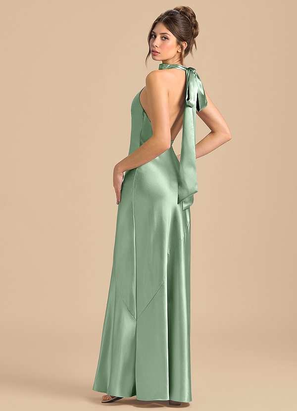 Azazie Velli Robes Demoiselle d'honneur Robe Fourreau en Satiné métallisé Col Haut Matcha image1