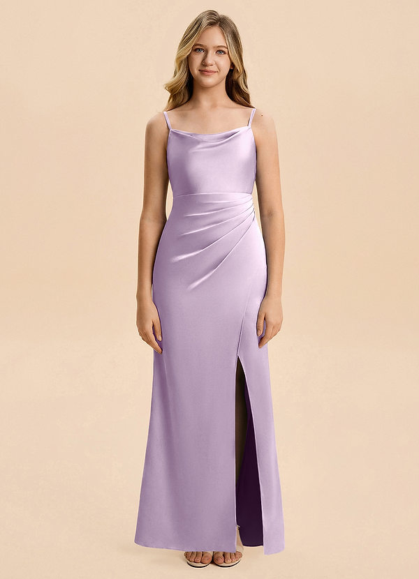 Azazie Christen Junior Jurk van Stretch Satijn met A-Lijn Geplooid Frosted Lila image1
