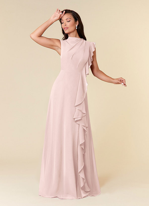 Azazie Narine Vestidos para la madre de la novia Vestido Rosa Rubor de Gasa de Corte en A con Cuello alto plisado image1
