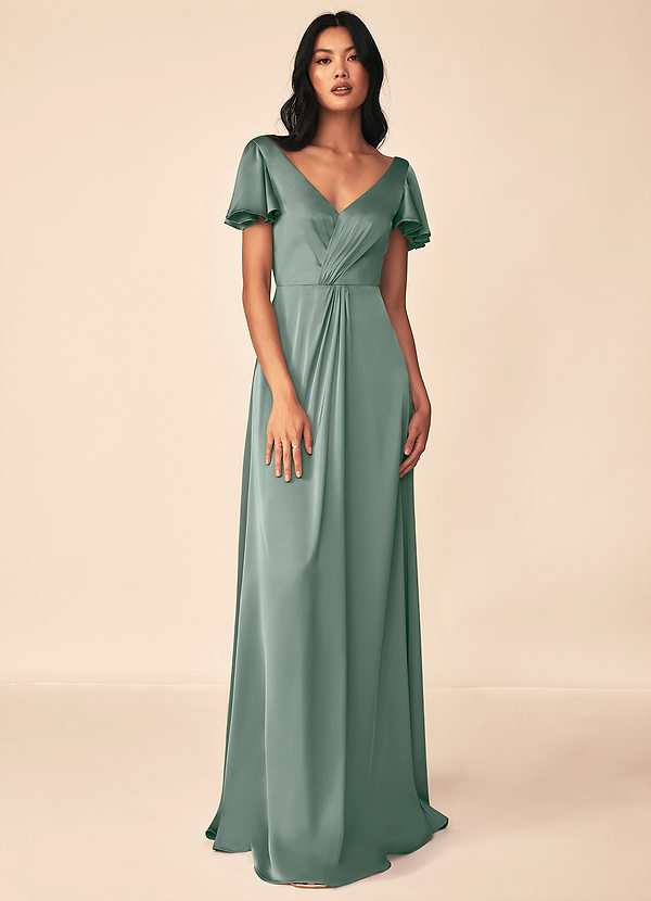 Azazie Soren Bridesmaid Dresses Silver Sage A-Line Pleated Stretch Satin Dress image1