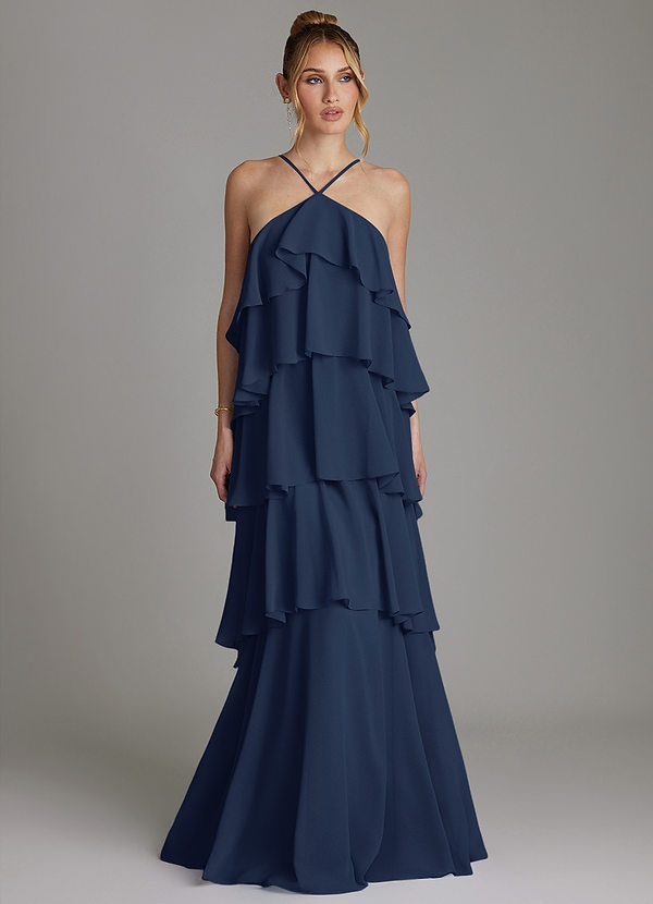 Azazie Deena Brudtärneklänningar Klä av A-Linje i Chiffong Rynkad Mörk Marinblå image1