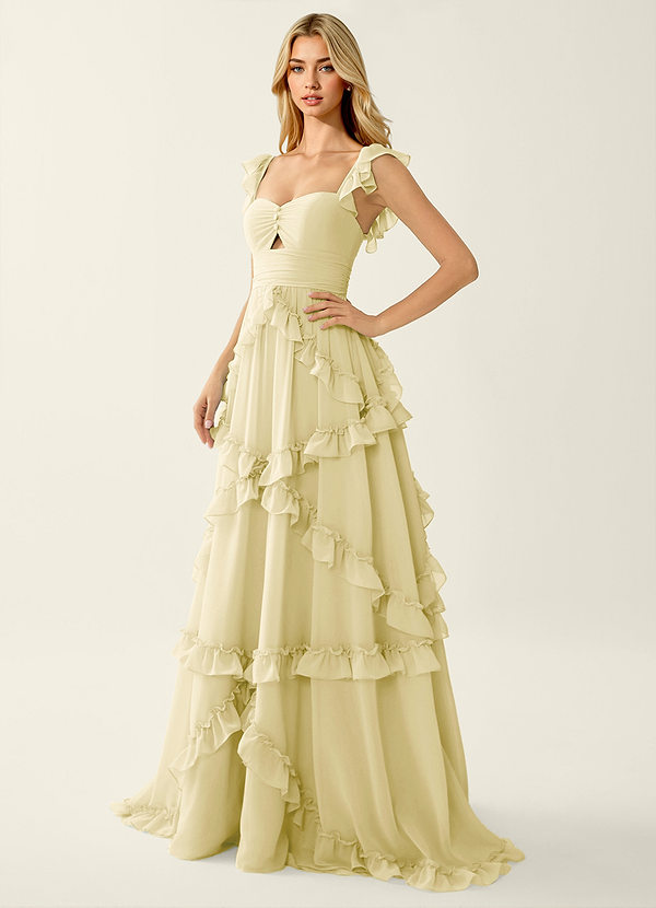 Mirabelle Citronsorbet Chiffon Korset Gallakjole med Snøre og Flæser på Ryggen image1