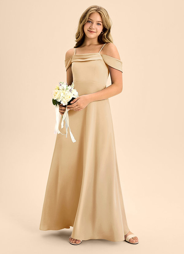 Azazie Anselie Junior Gold A-Line Off the Shoulder Stretch Satin Dress image1