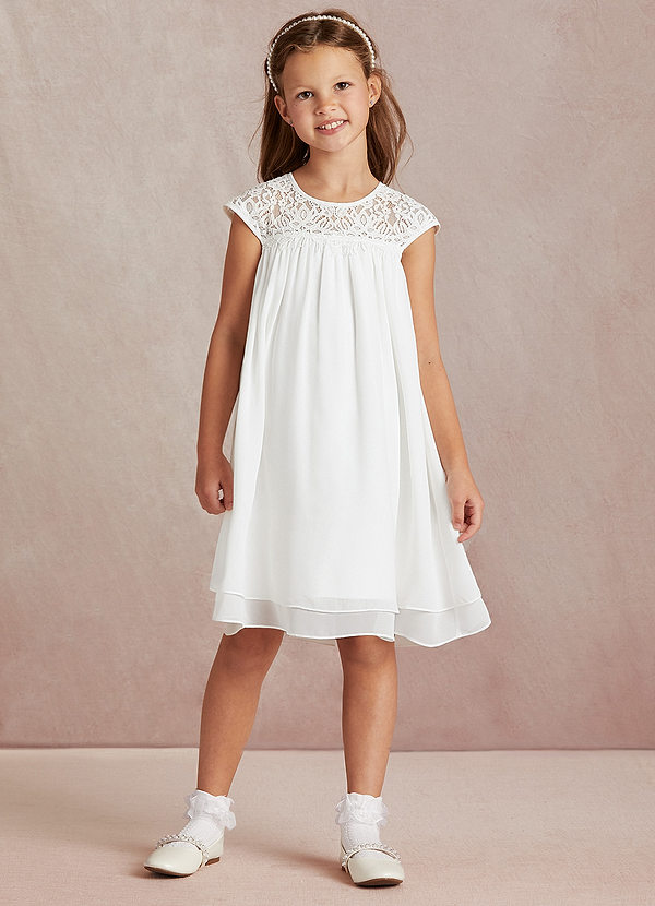 Azazie Ashtyn Flower Girl Dresses Diamond White A-Line Lace Chiffon Dress image1