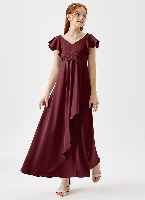 Azazie Omari Junior Cabernet A-Line Pleated Stretch Satin Dress image1