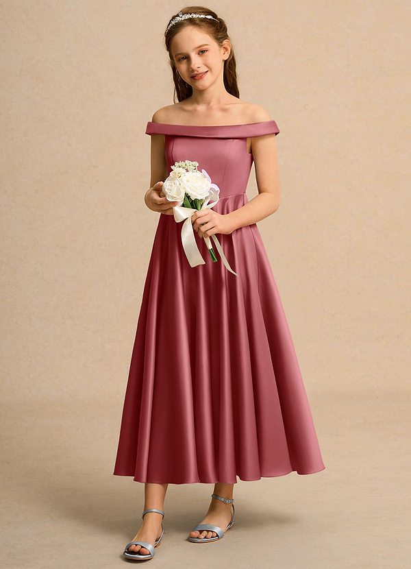 Azazie Teeny Junior Formal Vestidos de Niña de Flores Vestido de Rosa Antigua de Satin Mate de Corte en A con Plisado image1