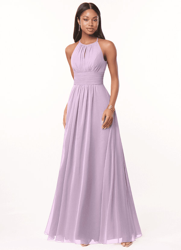 Azazie Bonnie Brautjungfernkleider A-Linie Schlüsselloch Gerüscht Chiffon Kleid Frostiges Flieder image1