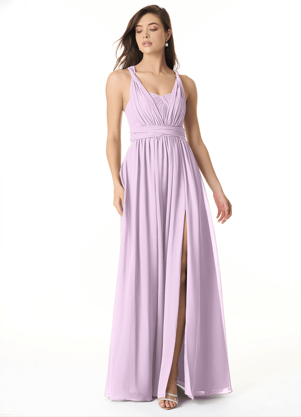 Azazie Olani Bridesmaid Dresses Frosted Lilac A-Line Off the Shoulder Chiffon Convertible Dress image1