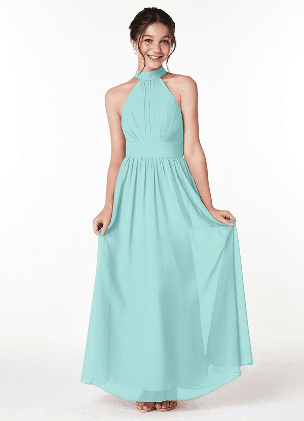 Azazie Iman Junior Aqua A-Line Pleated Chiffon Dress image1