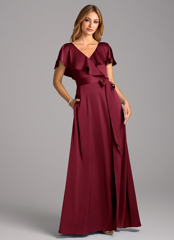 Azazie Lainey Bridesmaid Dresses Burgundy A-Line with Pockets Stretch Satin Dress image1