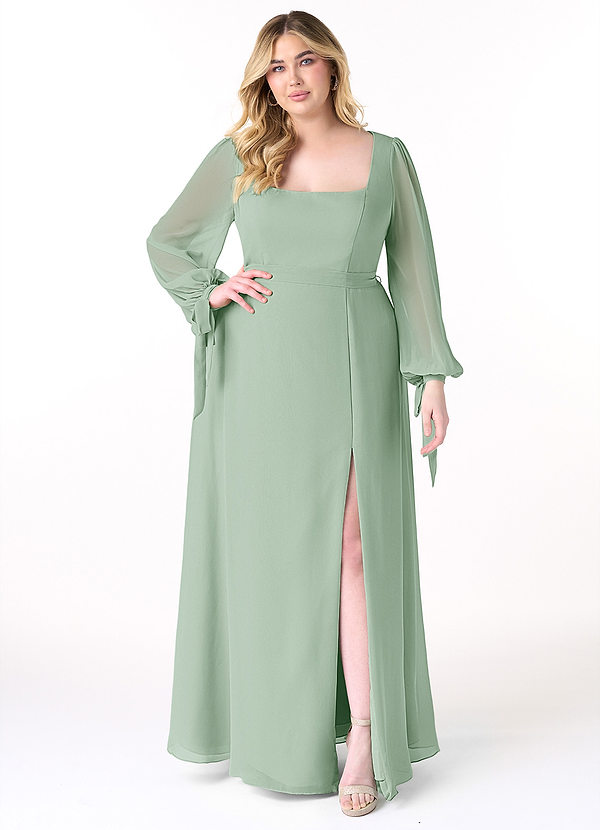 Azazie Leonia Robes Demoiselle d'honneur Robe Trapèze en Mousseline de soie Manche longue Agave image1