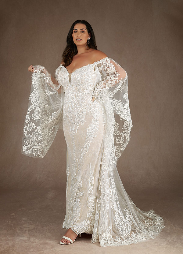 Azazie Memphis Wedding Dresses Diamond White Champagne Mermaid V-Neck Sequins Lace Dress image1