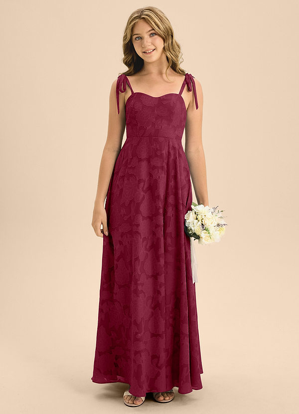 Azazie Rosey Junior Burgundy A-Line Sweetheart Neckline Floral Burnout Dress image1
