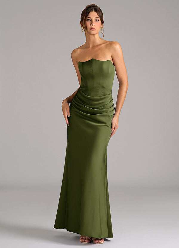 Azazie Debby Bruidsmeisjes Jurken Converteerbaar Jurk van Stretch Satijn met Zeemeermin Strapless Olijf image1
