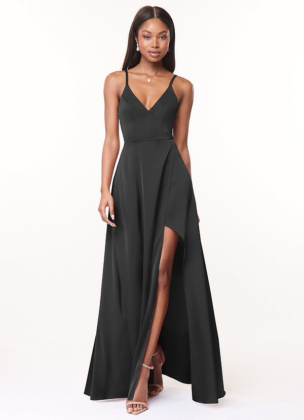 Maksim Black A-Line V-Neck Maxi Satin Dress image1