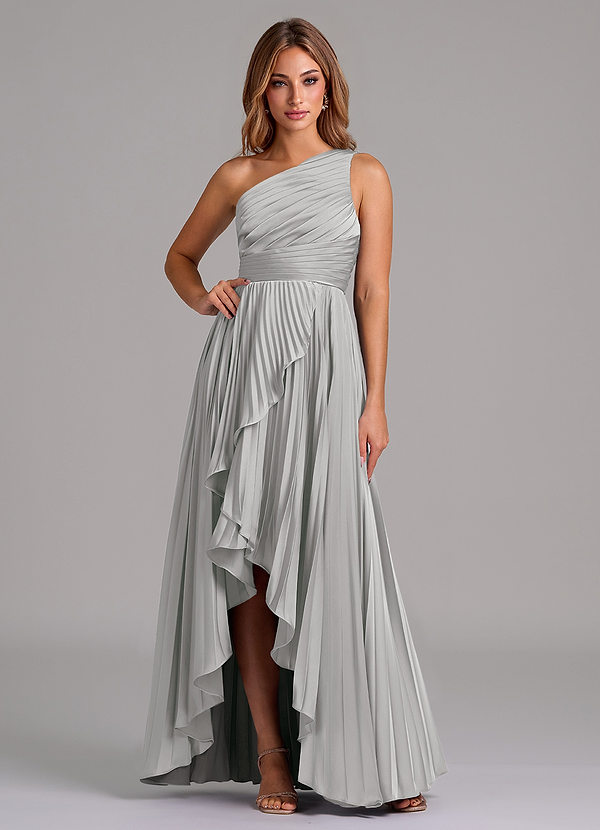 Azazie Lyrica 신부 들러리 드레스 A라인 한쪽 어깨 스트레치 새틴 비대칭 드레스 image1