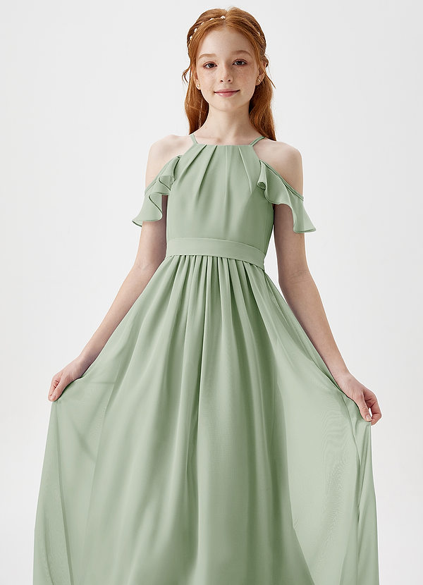 Azazie Chaya Junior Dusty Sage A-Line Off the Shoulder Chiffon Dress image1