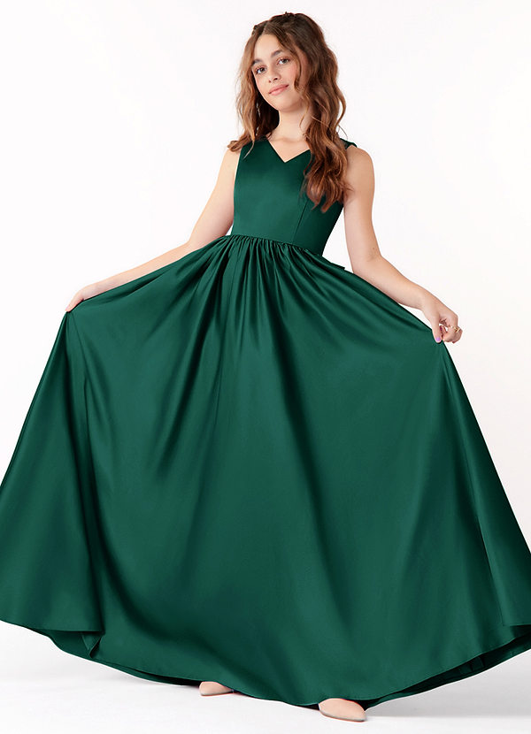 Azazie Hathaway Junior Emerald A-Line Bow Stretch Satin Dress image1