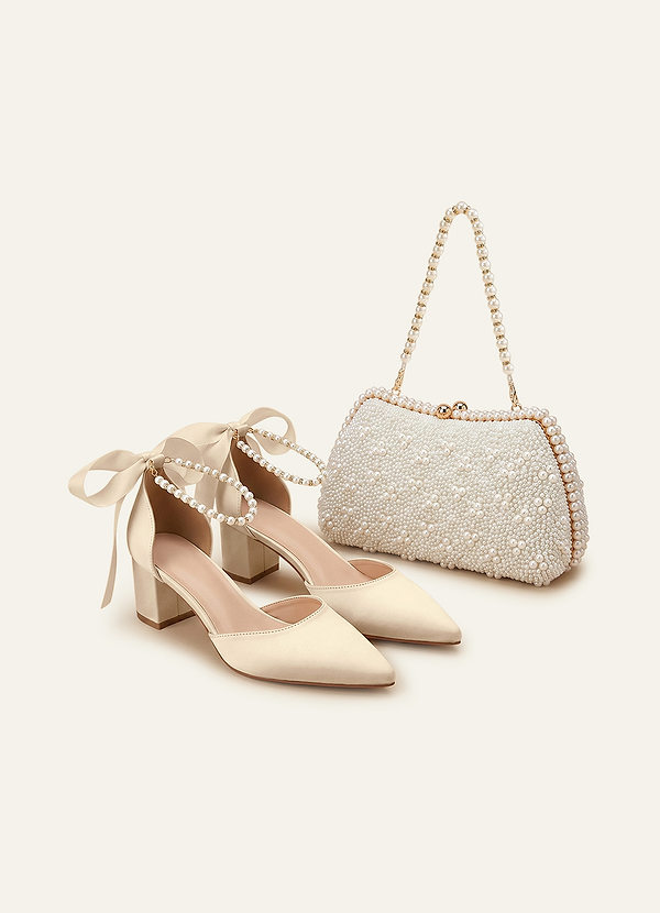 front Matching Color Matte Satin Pearl and Bow Pointed Toe Block Heels & Beaded Clutch Set