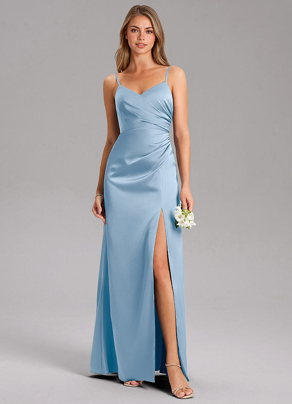 Azazie Azuree Robes de demoiselle d'honneur Robe Trapèze en Satin extensible Plissé Poudre Bleue image1