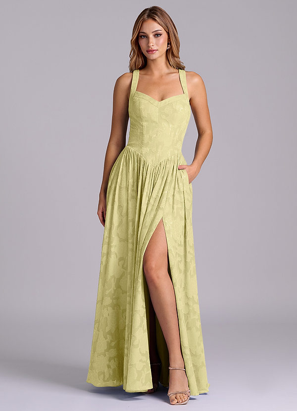 Azazie Francis Bridesmaid Dresses Lemon Sorbet A-Line Corset Floral Burnout Dress image1