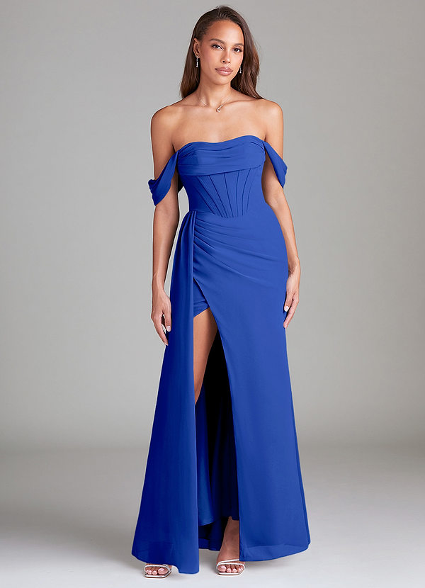 Azazie Amyra Bridesmaid Dresses Royal Blue Sheath Off the Shoulder Chiffon Convertible Dress image1