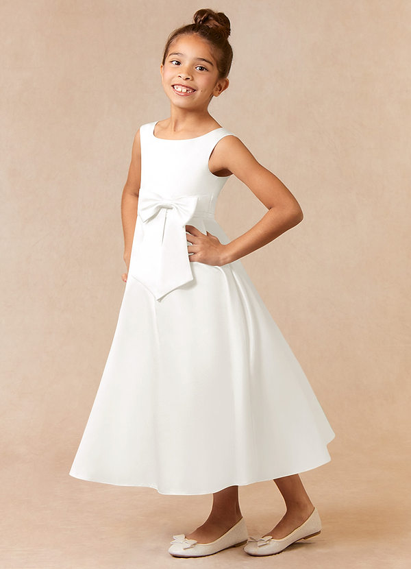 Azazie Lindy Flower Girl Dresses Ivory A-Line Pleated Matte Satin Dress image1