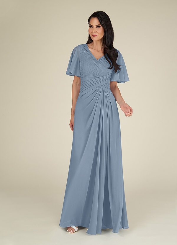 Azazie Morning Glory Mother of the Bride Dresses A-Line V-Neck Ruched Chiffon Floor-Length Dress image1