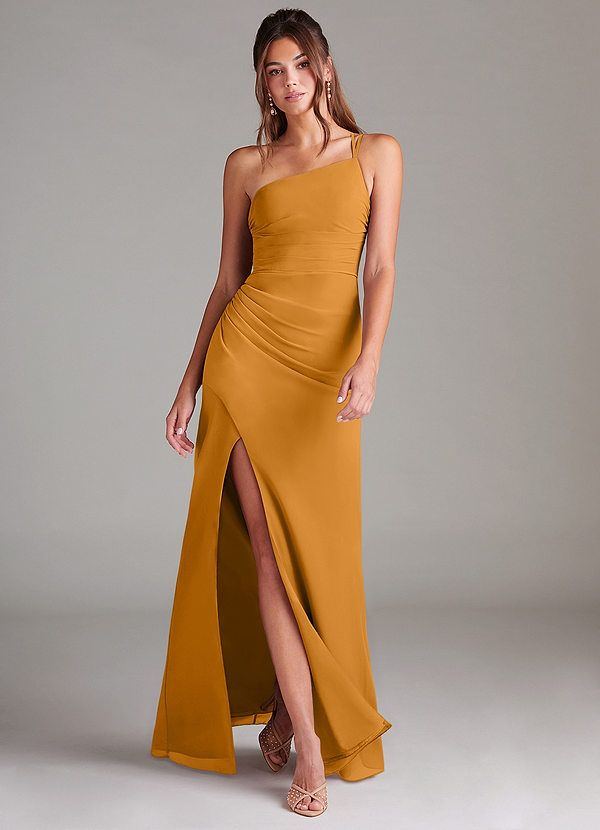 Azazie Eren Bridesmaid Dresses Butterscotch Sheath One Shoulder Chiffon Dress image1