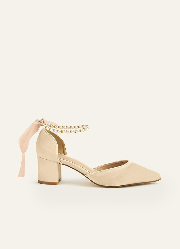 front Satin-Pumps mit spitzer Spitze und Blockabsatz, Perlen und Schleife