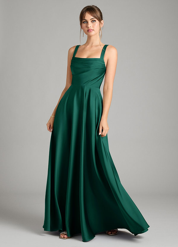 Azazie Shaude Bridesmaid Dresses Emerald A-Line Pleated Stretch Satin Dress image1
