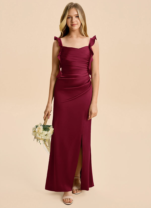 Azazie Jessamine Junior Burgundy Sheath Ruched Stretch Satin Dress image1