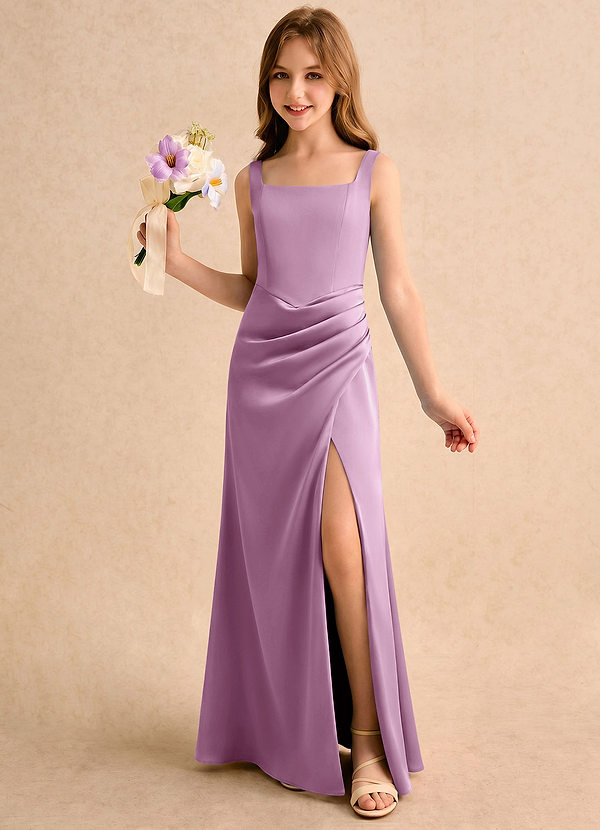 Azazie Noah Girls Formal Bloemenmeisjesjurken Kolom Jurk van Stretch Satijn Geplooide Blauweregen image1