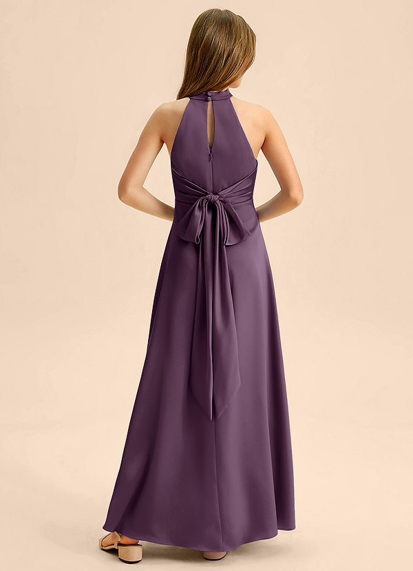 Azazie Beah Junior Plum A-Line Pleated Stretch Satin Dress image1