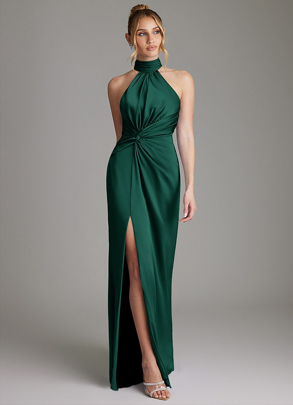 Azazie Gracelynn Robes Demoiselle d'honneur Robe Fourreau en Satin extensible Plissée émeraude image1