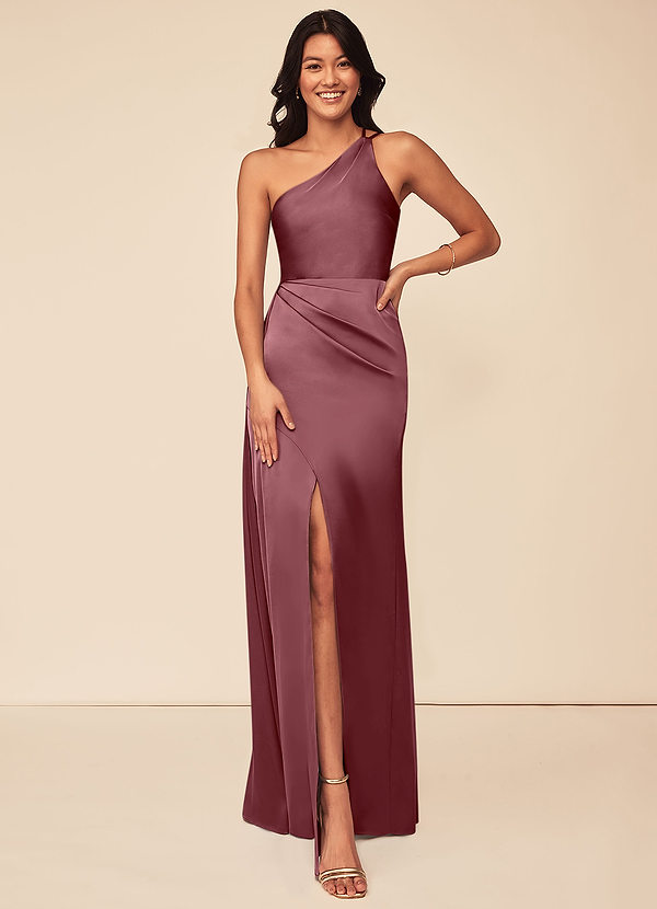 Azazie Maron Brautjungfernkleider A-Linie Eine Schulter Stretch-Satin Kleid Wüstenrose image1