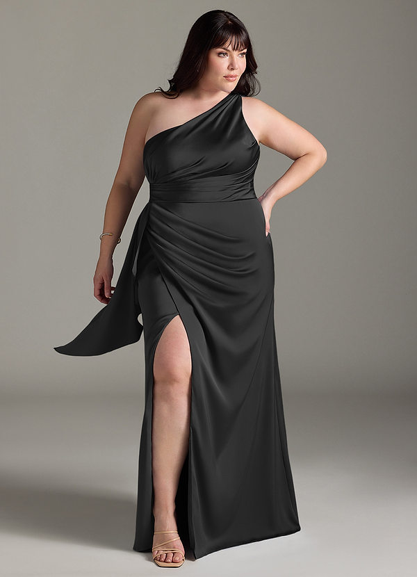 Azazie Maive Bridesmaid Dresses Black Sheath Ruched Stretch Satin Dress image1