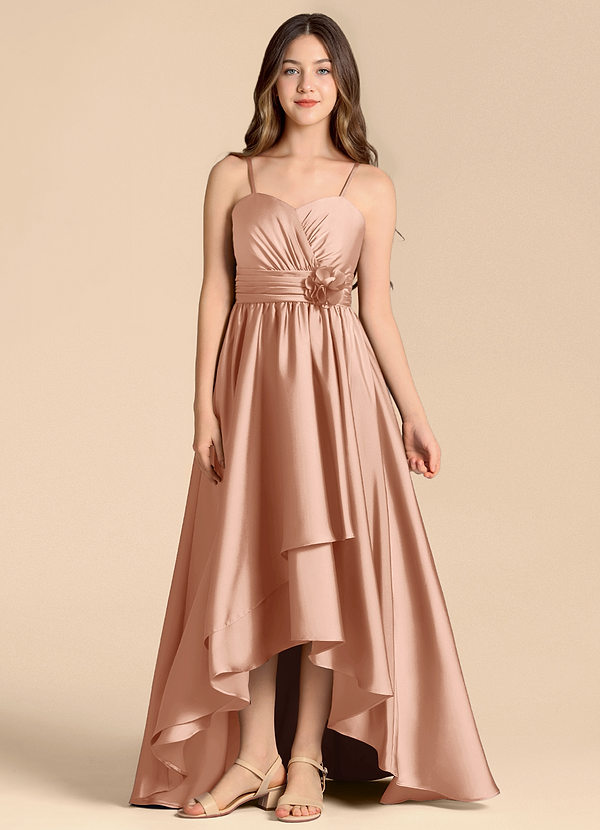Azazie Catalina Junior Rose Gold A-Line Sweetheart Neckline Stretch Satin Dress image1