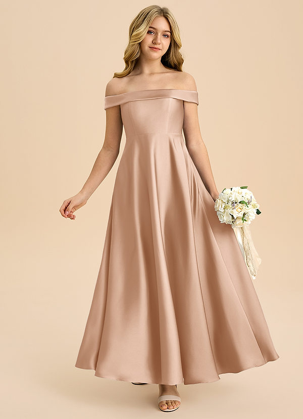 Azazie Sissy Junior English Rose A-Line Off the Shoulder Stretch Satin Dress image1