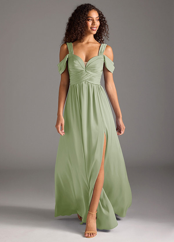 Azazie Lianne 신부 들러리 드레스 A라인 오프 더 숄더 스트레치 새틴 바닥 길이 드레스 image1