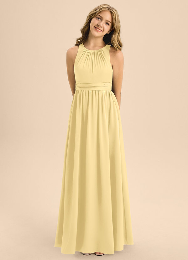 Azazie Jaylah Junior Butter A-Line Pleated Stretch Satin Dress image1