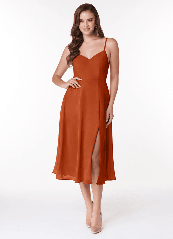 Azazie Clarissa Bridesmaid Dresses Burnt Orange A-Line V-Neck Chiffon Dress image1