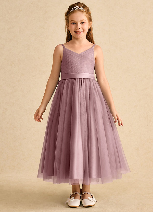 Azazie Patootie Vestidos de Niña de Flores Vestido de Rosa Polvorienta de Tul de Corte En A con Tirante Espagueti image1
