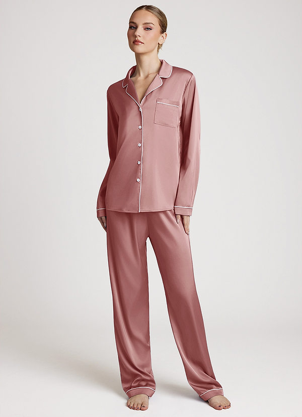 front Dusty Rose Long Sleeves and Pants Satin PJ Set