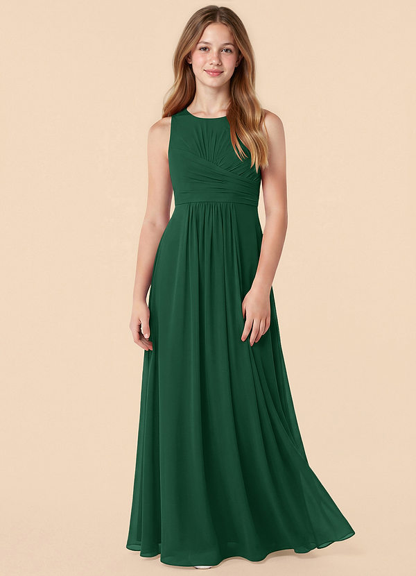 Azazie Skyla Junior Dark Green A-Line Pleated Chiffon Dress image1