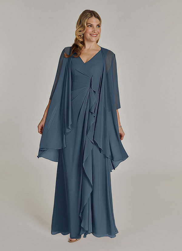 Azazie Manuella Mother of the Brides Dresses Neptune A-Line V-Neck Pleated Chiffon Dress image1
