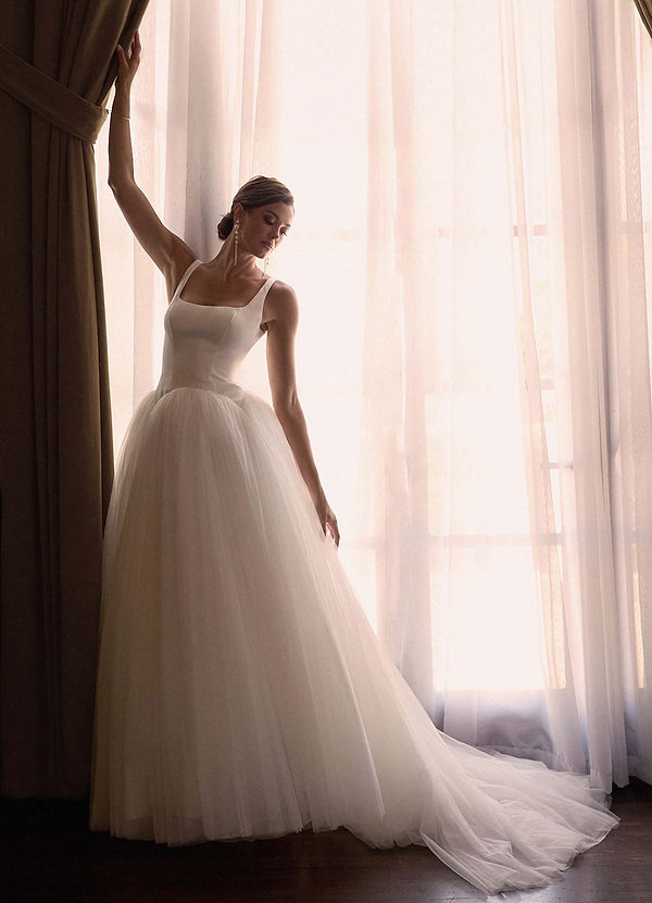 Azazie Samirah Abiti da Sposa Abito A-Line in Raso bifacciale Strascico Staccabile Bianco Diamante image1